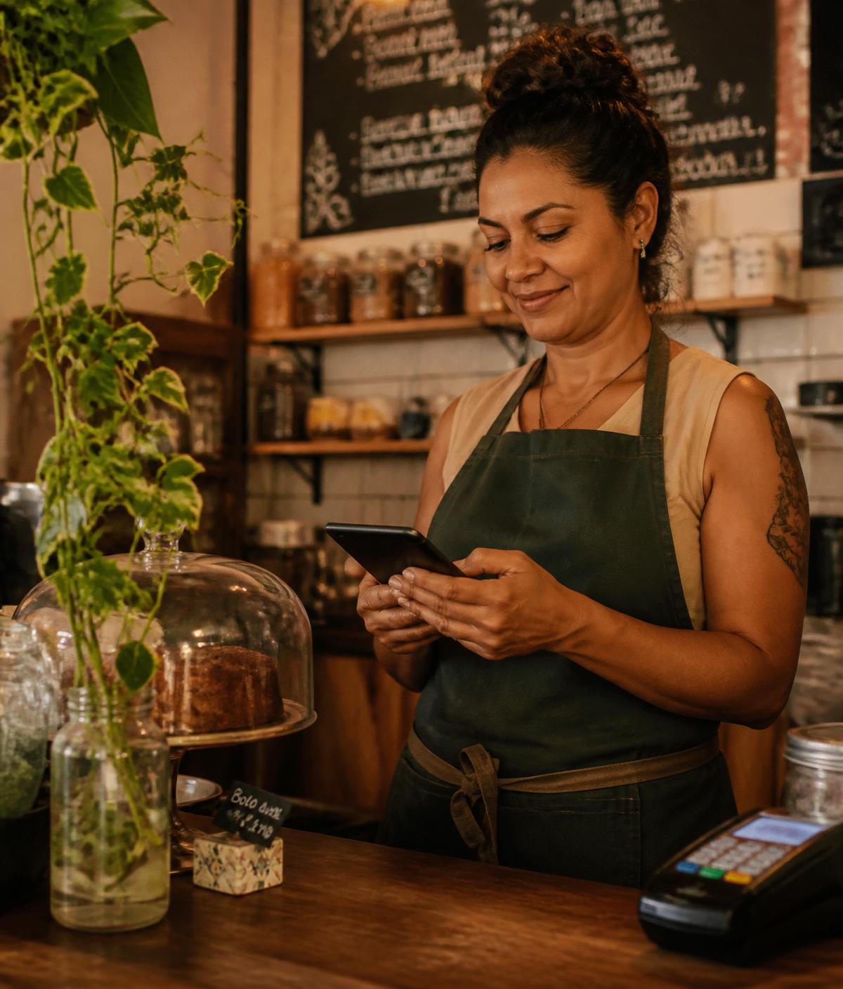 Dona de cafeteria usando um sistema no celular